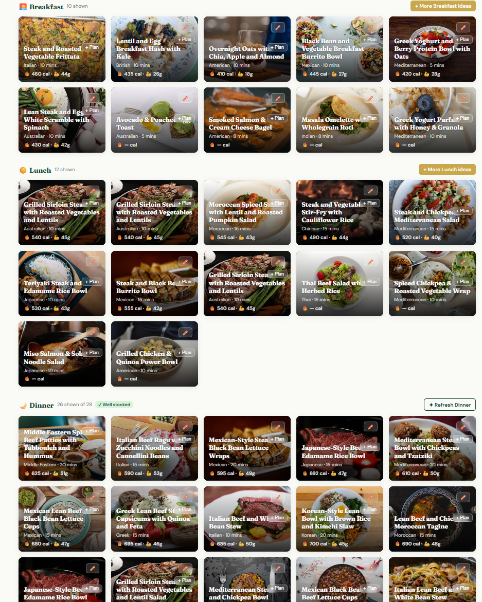 VibeMeals meal catalogue